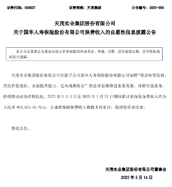 天茂集团：国华人寿1月累计原保险保费收入约49.36亿元