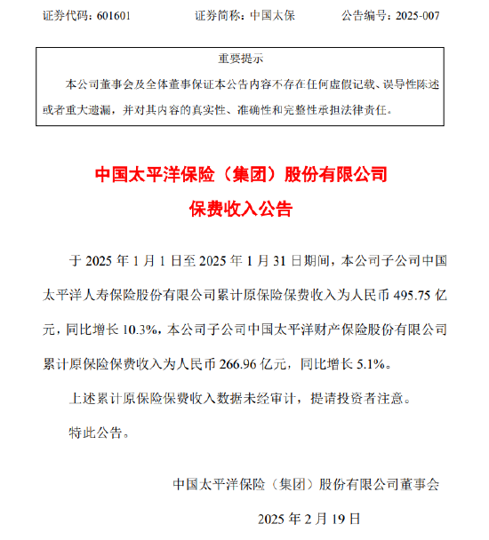 中国太保：1月份子公司保费收入合计762.71亿元